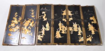 SIX VINTAGE 20TH CENTURY CHINESE BLACK LACQUERED PANELS
