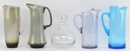 WHITEFRIARS, HOLMEGAARD ETC - COLLECTION OF FOUR VINTAGE EWER JUGS & A DECANTER