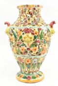 MID CENTURY ITALIAN MAJOLICA PIERCED TWIN HANDLED CERAMIC VASE