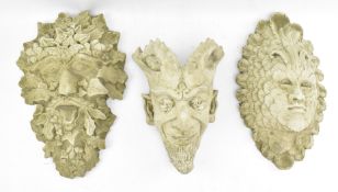 THREE VINTAGE GROTESQUE GARDEN WALL HANGING MASKS / FLOWER PLANTERS INCL. GREEN MAN
