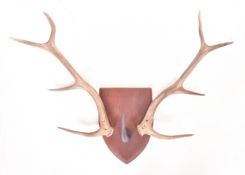 EARLY 20TH CENTURY ARMORIAL SHIELD WALL MOUNT WITH FOUR POINT DEER ANTLERS