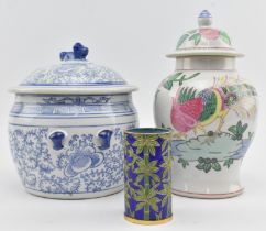 TWO VINTAGE CHINESE CERAMIC LIDDED GINGER JARS & A SMALL CLOISONNE BRUSH POT