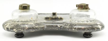 EARLY 20TH CENTURY BLACK MARBLE INKWELL WITH TWIN GLASS POTS