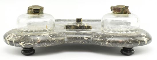 EARLY 20TH CENTURY BLACK MARBLE INKWELL WITH TWIN GLASS POTS