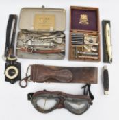 CUT THROAT RAZORS, LEATHER GOGGLES, MEDICAL KIT ETC