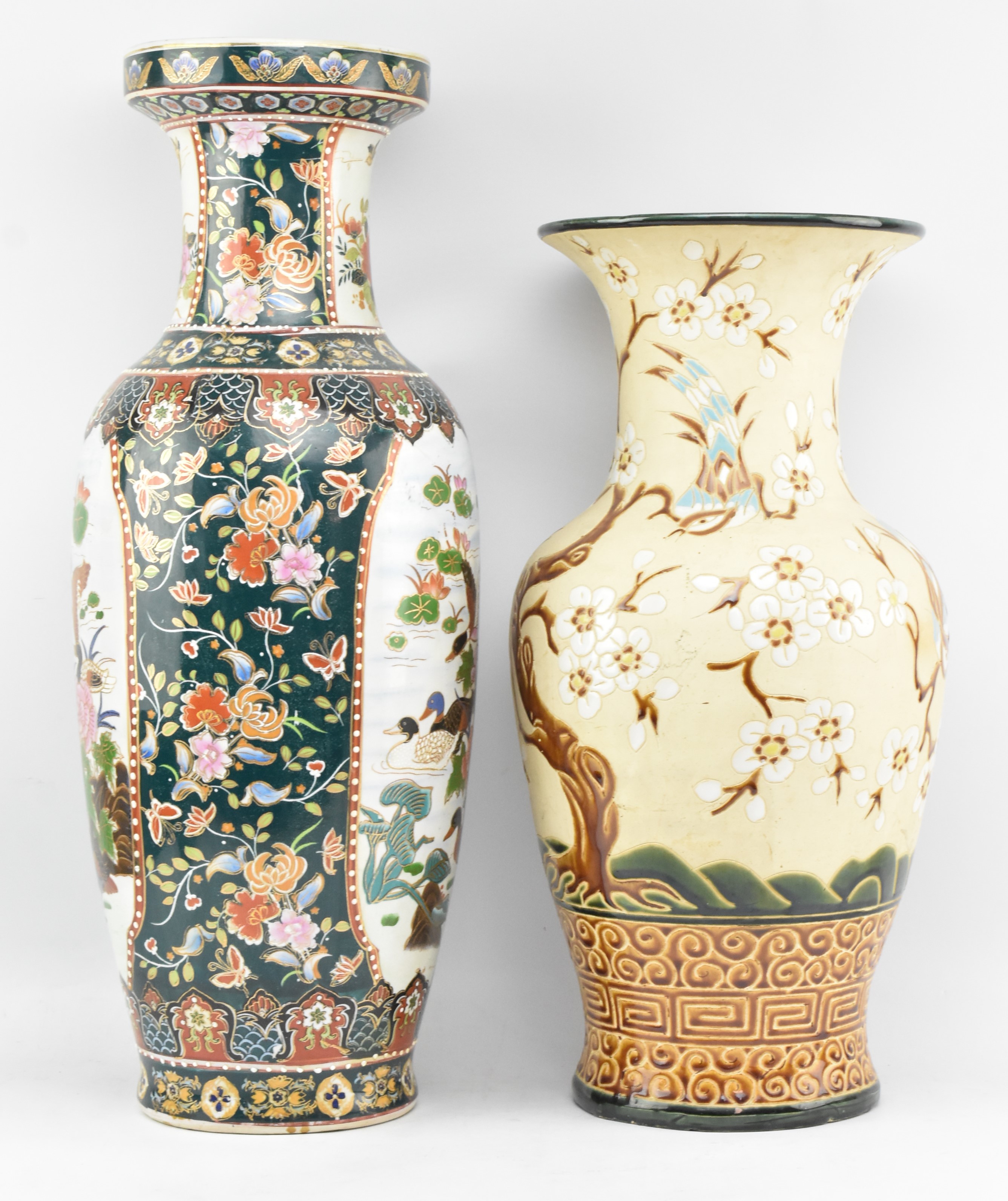 TWO LARGE 20TH CENTURY DECORATIVE FLOOR STANDING CHINESE CERAMIC ENAMELLED VASES
