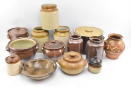 COLLECTION OF THIRTEEN 20TH CENTURY STONE JARS AND EARTHENWARE CASSEROLE DISHES ETC