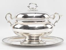 MAPPIN & WEBB - EARLY 20TH CENTURY PRINCESS PLATE EPNS SILVER PLATED SOUP TUREEN, STAND & SPOON