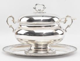 MAPPIN & WEBB - EARLY 20TH CENTURY PRINCESS PLATE EPNS SILVER PLATED SOUP TUREEN, STAND & SPOON