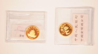 TWO CHINESE 1995 BRILLIANT UNCIRCULATED GOLD 5 YUAN
