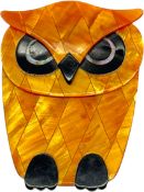 LEA STEIN ORANGE OWL CELLULOID BROOCH
