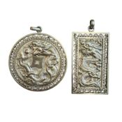 TWO SILVER ORIENTAL DRAGON LARGE NECKLACE PENDANTS