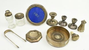COLLECTION OF TWELVE 20TH CENTURY HALLMARKED SILVER ITEMS INCLUDING CANDLESTICKS & WINE COASTER
