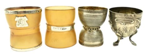 TWO GEORGE V HORN & SILVER EGG CUPS & TWO SILVER EGG CUPS