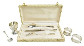 A 20TH CENTURY HALLMARKED SILVER CHRISTENING EGGCUP SET & A SET OF ITALIAN ARGENTO SILVER CUTLERY