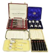FOUR CASED HALLMARKED SILVER FLATWARE SETS & A CASED SET OF SIX SILVER COCKTAIL STICKS