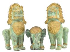 THREE 20TH CENTURY THAI BRONZES FIGURES OF LIONS AND ELEPHANT