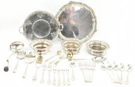 COLLECTION OF EARLY 20TH CENTURY SILVER PLATE INCL. WINE STANDS, SERVING PLATTERS & CUTLERY