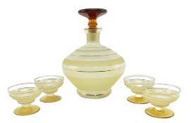 VINTAGE MID CENTURY LEMON COLOURED FROSTED GLASS DECANTER & SNIFTER SET