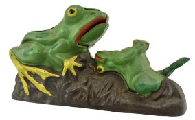 VINTAGE REPRODUCTION MECHANICAL CAST IRON COIN BANK IN THE FORM OF TWO FROGS