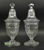 PAIR OF LATE 19TH CENTURY VICTORIAN CUT GLASS LIDDED URNS / SWEET MEAT JARS