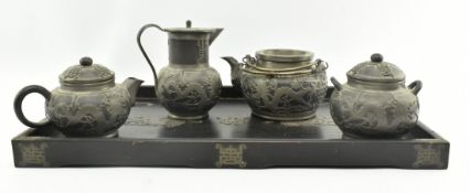 EARLY 20TH CENTURY CHINESE PEWTER PART TEA SERVICE ON EBONISED TRAY