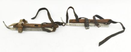 TWO PAIRS OF EARLY 20TH CENTURY WOODEN & LEATHER ICE SKATES HOUSED IN OAK BOX