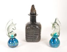 LATE 20TH CENTURY MDINA GLASS PAPERWEIGHTS WITH GLASS REEDED DECANTER