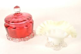 19TH CENTURY VICTORIAN CRANBERRY GLASS LIDDED POT AND EPERGNE
