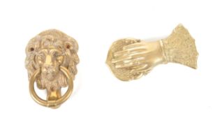 20TH CENTURY BRASS LION DOOR KNOCKER AND HAND LETTER HOLDER