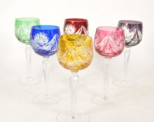 SIX 20TH CENTURY VINTAGE COLOURED CRYSTAL CUT HOCK GLASSES