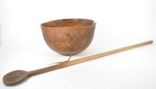 TURKANA CARVED WOODEN BOWL WITH LARGE WOODEN COOKING SPOON