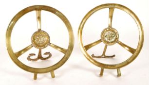 TWO VICTROIAN 19TH CENTURY BRASS CIRCULAR TRIVET STANDS