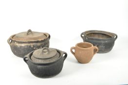 FOUR ROMAN STYLE EARTHENWARE CLAY POTTERY TWIN HANDLED POTS