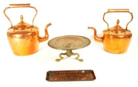19TH CENTURY COPPER KETTLES WITH TAZZA DISH AND TRINKET TRAY