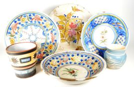 FOUR 19TH CENTURY MAJOLICA PLATES / BOWLS WITH TWO POTTERY VASES