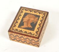 19TH CENTURY TUNBRIDGE WARE INLAID WOODEN STAMP BOX
