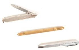 TWO 20TH CENTURY PENS AND ONE SILVER HALLMARKED PEN KNIFE