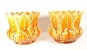 PAIR OF 19TH CENTURY MAJOLICA NEW LEAF PLANTERS