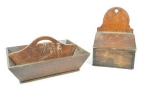 EARLY 20TH CENTURY WOODEN WALL LETTER / KEY BOX WITH BASKET / TRAY