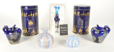 LATE 20TH CENTURY BRISTOL BLUE GLASS PAPERWEIGHTS AND MURANO PIECES