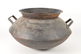 LARGE LATE 19TH CENTURY METAL IRON TWIN HANDLED COOKING CAULDRON