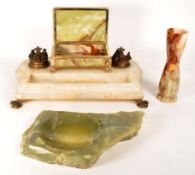 20TH CENTURY ONYX JEWELLERY BOX, INKWELL, ASHTRAYS AND VASE