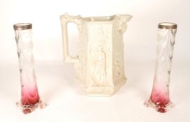 TWO VICTORIAN CRANBERRY GLASS VASES WITH A CHARLES MEIGH JUG