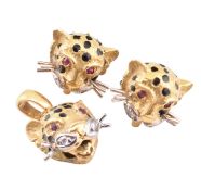 18CT GOLD RUBY & DIAMOND PANTHER PENDANT & EARRING SUITE
