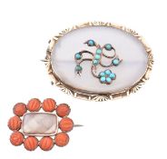 TWO 19TH CENTURY BROOCH PINS - CHALCEDONY, TURQUOISE, CORAL