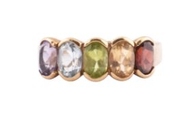 HALLMARKED 9CT GOLD MULTI GEM FIVE STONE RING