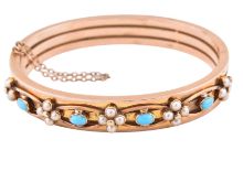 19TH CENTURY GOLD PEARL TURQUOISE HINGED BANGLE