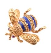 18CT GOLD RUBY & ENAMEL BUMBLE BEE BROOCH PIN