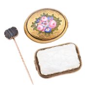 TWO 19TH CENTURY BROOCHES & AN AGATE MOUNTED STICK PIN